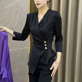 Waist Commute Folds Shirt Spring Autumn V-Neck Women's Clothing Basic Single-breasted Slim Fashion Asymmetrical