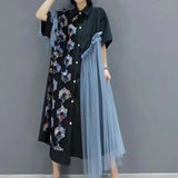 Fashion Applique Dresses Korean Gauze Spliced Asymmetrical Summer Shirring Vintage Single-breasted Polo-Neck Midi Dress-Outfit