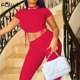 Summer Streetwear Bodycon White 2 Two Piece Sets Women Outfits Knitted Bandage Crop Top Split Trousers Fitness