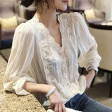 Wind Solid Color Lace Spliced Shirt Spring Autumn Long Sleeve Women's Hollow Out Chic Pearl Button Korean V-Neck