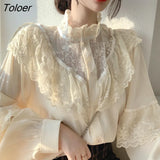 Vintage Chiffon Blouse Women Stand Collar Ruffles Woman Shirts Long Sleeve Lace Blouses Elegant Ladies Tops Blusas