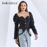 Striped Coat For Women Square Collar Puff Long Sleeve Asymmetric Hem Designer Jackets Jackets Female 2020