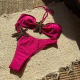 2025 New Solid Starfish Embroidered Sexy Tie Split Swimsuit