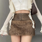 Cloth Forget Retro Brown Low-Waisted Umbilled Zip Hair Short Skirt Design Leather Splicing Bag Hip