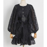 Casual Print Mini Dress For Female Round Neck Long Sleeve Patchwork Sashes High Waist Women's Vintage Dresses