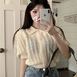 Retro Short-Sleeved Knitted Jersey Jacket Women's Summer 2025 New Korean Version Of Short Bubble Sleeve Hollow