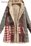 Fashion Winter Vintage Women Coat Warm Printed Thick Fleece Hooded Long Jacket Ladies Outwear Loose OverCoat