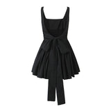 Sexy Slash Collar Tie Bow Sashes Backless Dress Woman Slim Waist Stitching Ruched Swing Ball Gown Mini Tank Robe Black-Outfit