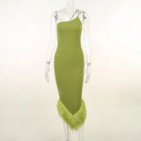 One Shoulder Feather Down Midi Dress For Women Gown Summer New Sleeveless Long Bodycon Clubwear Dress-Outfit