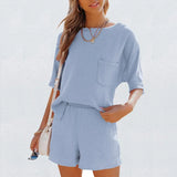 Casual Cotton Linen Pocket Sets Short Sleeve T Shirt And Elastic Shorts Two Piece Set Women Beach Solid Outfits