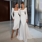 Graduation party dress gift Simple Mermaid Wedding Dress Bacakless Long Sleeves Sweep Train 2022 Square Collar Bride Gowns Plus