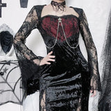 Lace Spliced Cross Dress, Dark Style, Sexy Slimming, Hip Split Dress-Outfit