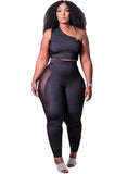 Mesh Patch Tight One Shoulder Crop Top and High Waist Pants 2PC