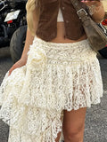 Casual Solid Lace Asymmetrical Skirt Basic Slim Mid-Waisted Mini Skirts Women 2023 Summer Fashion Streetwear Ladies-Outfit
