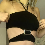 Elegant Metal Buckle Halter Crop Top for Women Outfits Summer Sexy Backless Lace Up Top Cropped Streetwear