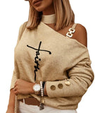 Toloer Street Style Irregular Shoulder Strap Nail Button Print Long Sleeve Off-Shoulder