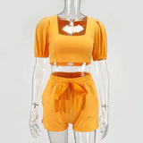 Collar Solid Women Shorts Set Puff Sleeve Crop Top + lace Up Short Trousers Ladies Outfits Summer Elegant Fashion