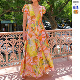 New Low-Chested V-Neck Fashion Striped Print Bubble Sleeve Dress