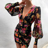 ArtsuWomen Sexy Deep V Neck Floral Print Dresses Long Lantern Sleeve Ruched Dress Elegant Female Bodycon Party Dress