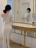 Elegant Dresses Women Swinging Collar Irregular Off Shoulder Ruched Split Slim Solid Sexy Ladies Temperament Dress-Outfit