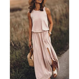2025 Summer Women's Fashion Trend Retro Round-Neck Sleeveless Forked Solid Color Two-Piece