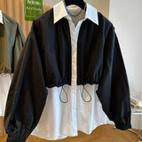 Contrasting Colors Patchwork Blouse Female Clothing Casual Loose Single-breasted Spring Autumn New Commute Polo-Neck