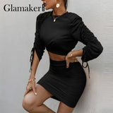 Two piece suits Long sleeve with shirring top and pleated short elegant skirts Women spring summer party club sets