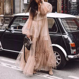 Summer New Women's V-Neck Fashion Bubble Sleeve Mesh Perspective