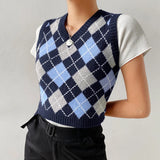 Argyle Plaid Y2k Tank Top Women Fashion Knitted Sweater Undershirt 90S Knitwear Autumn Basic