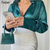 Green Silk Blouse Women Autumn 2023 New Button Down Long Sleeve Satin Blouses Women Casual Solid Loose Shirts Tops