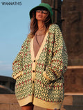 Patchwork Print Cardigans Knitted Women Oversized Casual Autumn 2021 Pockets Streetwear Y2K Daily Button Sexy
