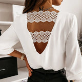 Back V-shaped Hollow Lace Stitching Pullover White Blouse Fashion Sexy V-neck Autumn and Winter Long-sleeved Shirt