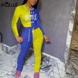 Crop Top Long Sleeve Patchwork 2 Two Piece Set Women Outfits Fall Bodycon Elastic Stacked Pants Ladies Matching Set