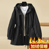 Hooded Casual Trench Coat 2024 Middle-Aged Mother Spring And Autumn New Women's Fashion Korean Version Draw Rope Collect Waist Overalls Coat-Outfit