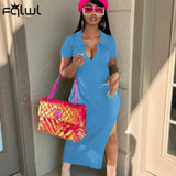 Streetwear Fashion Short Sleeve Dresses For Women 2022 V Neck Long Bodycon Dress Women Blue Maxi Side Split Party