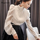 Autumn Korean Style Chiffon Shirt Chic Elegant Multi-layer Pleated Stand Collar Blouse Women Puff Sleeve Sunscreen Top