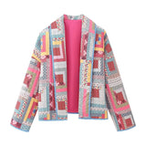 Autumn Winter Pink Geometric Flower Print Lapel Quilted Coat Ethnic Women Quilting Full Sleeve Oversized Jacket Outerwear-Outfit