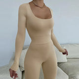 2022 Women's Clothing New Leisure Solid Color Low Cut Long Sleeve Slim Fit Jumpsuit High Waist Tight Trousers