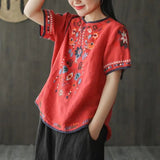 Women's Clothing Vintage Folk Fashion Embroidery Pullovers Commute Loose Spliced All-match O-Neck Summer Short Sleeve T-shirt-Outfit