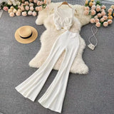 Suit Women Feel Low-Neck Short Top With High-Waisted Flared Trousers Fashion Two