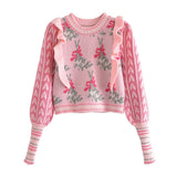 Winter Front Wood ears Ruffles Jacquard Cropped Sweater Vintage O neck Puff Sleeve Pullovers Short Jumper Knitwear-Outfit