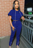 Sports Hooded Short Sleeves High Waist Solid Lace Up Two Piece Pants