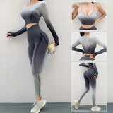 Women's Gradual Gym Set Workout Clothes Athletic Wear Sports Legging Seamless Fitness Bra Crop Top Long Sleeve Fitness