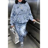 Two Piece Sets Women Hooded Print Full Sleeve Splice Denim Tops 2023 Autumn Loose Casual Long Pants Set Pockets-Outfit