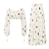 TWOTWINSTYLE Loose Print Two Piece Set Women Slash Neck Lantern Sleeve Tops High Waist Midi Skirt Colorblock Sets Female