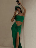 Two Piece Sets Women Ankle-Length Skirts Women Tube Crop Top Sexy Party Outfit Beachwear Split Drawstring Folds