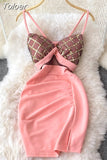 Sequins Plaid Mini Bodycon Dress Women Summer V-neck Sleeveless Spaghetti Strap Mesh Patchwork Party Dress Fashion