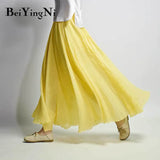 Linen Cotton Vintage Skirt Women Solid Beach Boho Pleated Maxi Skirts Summer Fashion Retro Elastic Waist Saia