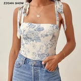 Adjust Bow Strap Blue White Floral Print Camis Women Summer Ruched Short Tank Tops Retro Cool Girl Sexy Slim Crop Top Tees-Outfit