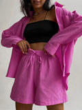 Women Tracksuit Shirt Shorts Two Piece Set Solid Long Sleeve Top Mini Shorts Suit Female 2022 Summer Lady Casual